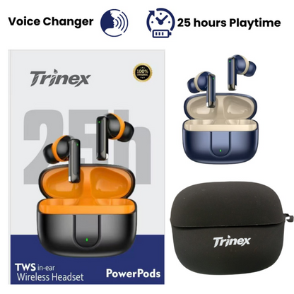 🎧 Trinex PowerPods | 25H Playtime | Silicone Case | Built-In Voice Changer | Touch Control